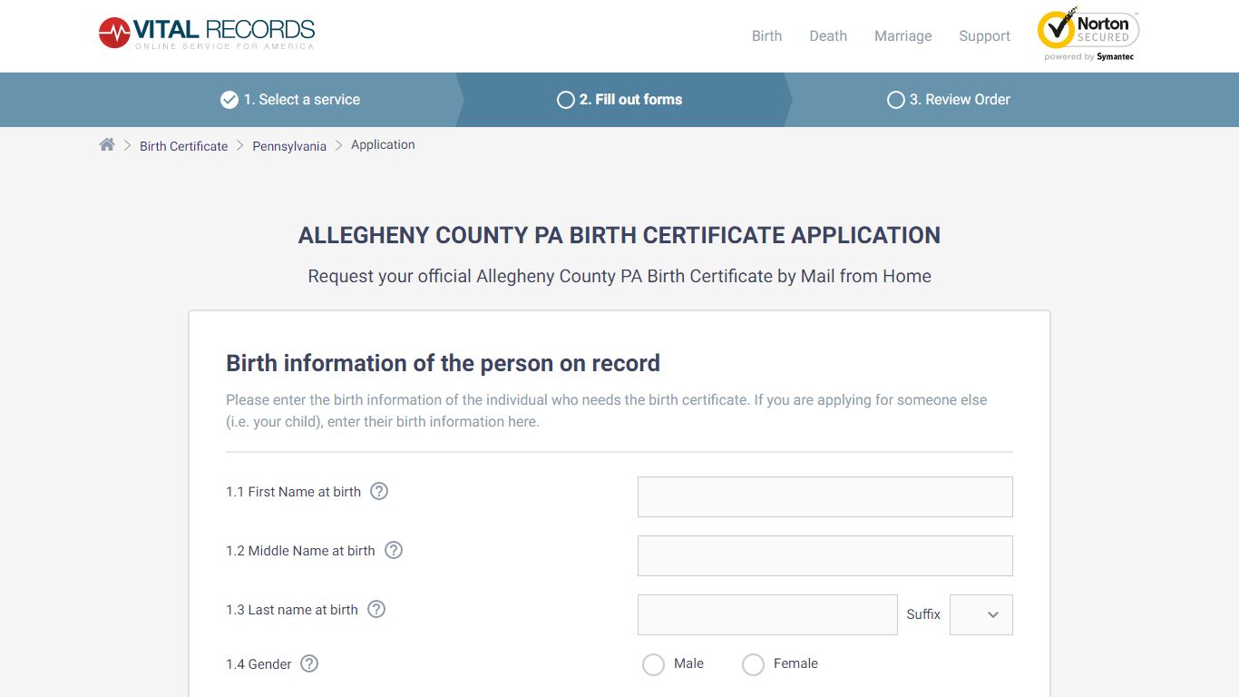 Allegheny County PA Birth Certificate Application - Vital Records Online