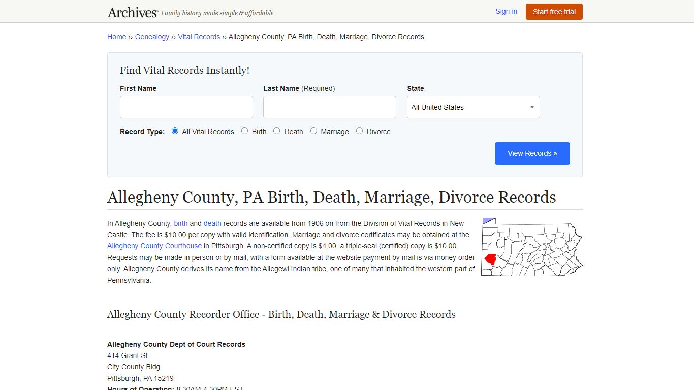Allegheny County, PA Birth, Death, Marriage, Divorce Records - Archives.com